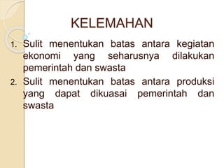 KELEMAHAN 
1. Sulit menentukan batas antara kegiatan 
ekonomi yang seharusnya dilakukan 
pemerintah dan swasta 
2. Sulit menentukan batas antara produksi 
yang dapat dikuasai pemerintah dan 
swasta 
 
