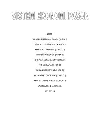 NAMA :
JOHAN PRIHADIYAN WAMIN (X MIA 2)
JOHAN RIZKI FADILAH ( X MIA 3 )
MIMIN MUTMAINNAH ( X MIA 3 )
PUTRI CHAERUNISA (X MIA 2)
SHINTA ALIZYA KIANTY (X MIA 2)
TRI SUDIANA (X MIA 2)
WULAN HANDAYANI (X MIA 2)
WULANSARI QODRIANI ( X MIA 3 )
KELAS : LINTAS MINAT EKONOMI 1
SMA NEGERI 1 JATIWANGI
2014/2015
 