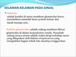 KELAINAN-KELAINAN PADA GINJAL
Nefrosis
adalah kondisi di mana membran glomerulus bocor,
meyebabkan sejumlah besar protein keluar dari
darah menuju urin.
Nefritis glomerulus adalah radang membran filtrasi
glomerulus di dalam korpuskulum renalis. Penyebab
radang secara umum adalah reaksi alergi terhadap racun
yang dilepaskan oleh bakteri streptococcus yang
menginfeksi bagian tubuh lain misalnya tenggorokan.
 