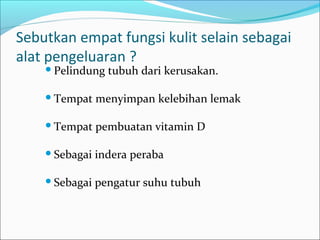 Sebutkan empat fungsi kulit selain sebagai
alat pengeluaran ?
Pelindung tubuh dari kerusakan.
Tempat menyimpan kelebihan lemak
Tempat pembuatan vitamin D
Sebagai indera peraba
Sebagai pengatur suhu tubuh
 