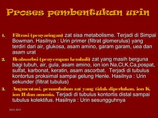Oct 5, 2013Oct 5, 2013
Proses pembentukan urinProses pembentukan urin
1.1. Filtrasi (penyaringan)Filtrasi (penyaringan) zat sisa metabolisme. Terjadi di Simpaizat sisa metabolisme. Terjadi di Simpai
Bowman. Hasilnya : Urin primer (filtrat glomerulus)Bowman. Hasilnya : Urin primer (filtrat glomerulus) yangyang
terdiri dari air, glukosa, asam amino, garam garam, uea danterdiri dari air, glukosa, asam amino, garam garam, uea dan
asam uratasam urat
2.2. Reabsorbsi (penyerapan kembali)Reabsorbsi (penyerapan kembali) zat yang masih bergunazat yang masih berguna
bagi tubuhbagi tubuh, air, gula, asam amino, ion ion Na,Cl,K,Ca,pospat,, air, gula, asam amino, ion ion Na,Cl,K,Ca,pospat,
sulfat, karbonat, keratin, asam ascorbat.sulfat, karbonat, keratin, asam ascorbat. Terjadi di tubulusTerjadi di tubulus
kontortus proksimal sampai gelung Henle. Hasilnya : Urinkontortus proksimal sampai gelung Henle. Hasilnya : Urin
sekunder (filtrat tubulus)sekunder (filtrat tubulus)
3.3. Augmentasi, penambahan zat yang tidakdiperlukanAugmentasi, penambahan zat yang tidakdiperlukan, ion K,, ion K,
ion Hdan amonia.ion Hdan amonia. Terjadi di tubulus kontortis distal sampaiTerjadi di tubulus kontortis distal sampai
tubulus kolektifus. Hasilnya : Urin sesungguhnyatubulus kolektifus. Hasilnya : Urin sesungguhnya
 