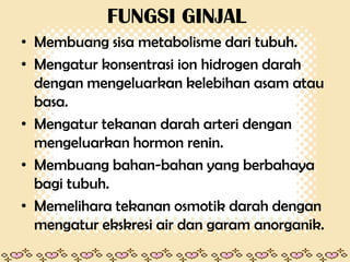 FUNGSI GINJAL
• Membuang sisa metabolisme dari tubuh.
• Mengatur konsentrasi ion hidrogen darah
dengan mengeluarkan kelebihan asam atau
basa.
• Mengatur tekanan darah arteri dengan
mengeluarkan hormon renin.
• Membuang bahan-bahan yang berbahaya
bagi tubuh.
• Memelihara tekanan osmotik darah dengan
mengatur ekskresi air dan garam anorganik.

 