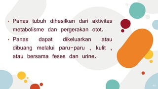 • Panas tubuh dihasilkan dari aktivitas
metabolisme dan pergerakan otot.
• Panas dapat dikeluarkan atau
dibuang melalui paru-paru , kulit ,
atau bersama feses dan urine.
40
 