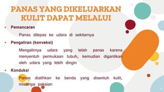 PANAS YANG DIKELUARKAN
KULIT DAPAT MELALUI
⦁ Pemancaran
Panas dilepas ke udara di sekitarnya
⦁ Pengaliran (konveksi)
Mengalirnya udara yang telah panas karena
menyentuh permukaan tubuh, kemudian digantikan
oleh udara yang lebih dingin
⦁ Konduksi
Panas dialihkan ke benda yang disentuh kulit,
misalnya pakaian
41
 