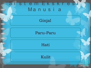 Si s t e m Ek s k r e s i
       Ma n u s i a

          Ginjal


         Paru-Paru

           Hati


           Kulit
 