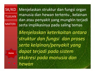 SK/KD Menjelaskan struktur dan fungsi organ
TUJUAN manusia dan hewan tertentu , kelainan
       dan atau penyakit yang mun...