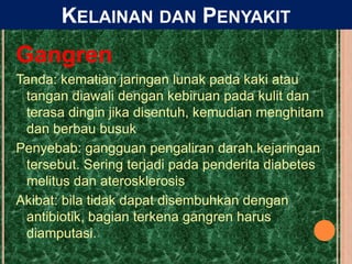 Gangren
Tanda: kematian jaringan lunak pada kaki atau
tangan diawali dengan kebiruan pada kulit dan
terasa dingin jika disentuh, kemudian menghitam
dan berbau busuk
Penyebab: gangguan pengaliran darah kejaringan
tersebut. Sering terjadi pada penderita diabetes
melitus dan aterosklerosis
Akibat: bila tidak dapat disembuhkan dengan
antibiotik, bagian terkena gangren harus
diamputasi.
KELAINAN DAN PENYAKIT
 