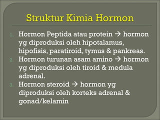 1. Hormon Peptida atau protein  hormon
yg diproduksi oleh hipotalamus,
hipofisis, paratiroid, tymus & pankreas.
2. Hormon turunan asam amino  hormon
yg diproduksi oleh tiroid & medula
adrenal.
3. Hormon steroid  hormon yg
diproduksi oleh korteks adrenal &
gonad/kelamin
 