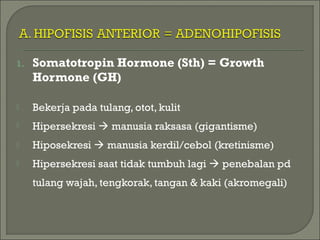 1. Somatotropin Hormone (Sth) = Growth
Hormone (GH)
 Bekerja pada tulang, otot, kulit
 Hipersekresi  manusia raksasa (gigantisme)
 Hiposekresi  manusia kerdil/cebol (kretinisme)
 Hipersekresi saat tidak tumbuh lagi  penebalan pd
tulang wajah, tengkorak, tangan & kaki (akromegali)
 
