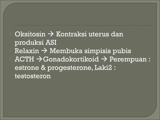  Oksitosin  Kontraksi uterus dan
produksi ASI
 Relaxin  Membuka simpisis pubis
 ACTH Gonadokortikoid  Perempuan :
estrone & progesterone, Laki2 :
testosteron
 