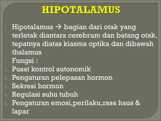  Hipotalamus  bagian dari otak yang
terletak diantara cerebrum dan batang otak,
tepatnya diatas kiasma optika dan dibawah
thalamus
 Fungsi :
1. Pusat kontrol autonomik
2. Pengaturan pelepasan hormon
3. Sekresi hormon
4. Regulasi suhu tubuh
5. Pengaturan emosi,perilaku,rasa haus &
lapar
 