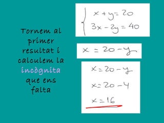 Tornem al
   primer
 resultat i
calculem la
 incògnita
  que ens
    falta
 
