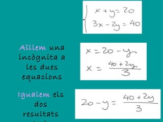 Aïllem una
incògnita a
  les dues
 equacions

Igualem els
    dos
 resultats
 