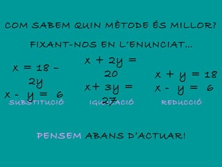 COM SABEM QUIN MÈTODE ÉS MILLOR?
    FIXANT-NOS EN L’ENUNCIAT…
              x + 2y =
  x = 18 –
                  20       x + y = 18
     2y
              x+ 3y =      x - y = 6
x - y = 6
SUBSTITUCIÓ       27
               IGUALACIÓ   REDUCCIÓ



     PENSEM ABANS D’ACTUAR!
 