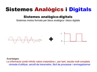 Sistemes Analògics i Digitals
1
0
Sistemes analògico-digitals
Sistemes mixtos formats per blocs analògics i blocs digitals
+
Avantatges:
còmode d’utilitzar, senzill de transmetre, fàcil de processar i emmagatzemar
Avantatges:
La informació conté infinits valors instantànis i, per tant, resulta molt completa
 