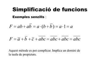 A
Simplificació de funcions
Exemples senzills :
aabbabaabF 1)(
abcabcabcabccbaF
Aquest mètode es pot complicar. Implica un domini de
la taula de propietats.
 