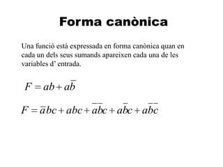 A
Forma canònica
Una funció està expressada en forma canònica quan en
cada un dels seus sumands apareixen cada una de les
variables d’ entrada.
baabF
cbacbacbaabcbcaF
 