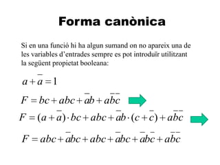 A
Forma canònica
Si en una funció hi ha algun sumand on no apareix una de
les variables d’entrades sempre es pot introduïr utilitzant
la següent propietat booleana:
1aa
cbabaabcbcF
cbaccbaabcbcaaF )()(
cbacbabcaabcbcaabcF
 