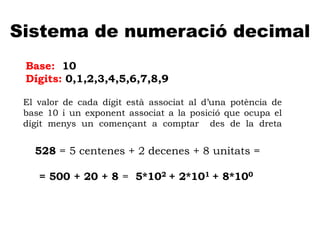 A
Sistema de numeració decimal
Base: 10
Dígits: 0,1,2,3,4,5,6,7,8,9
El valor de cada dígit està associat al d’una potència de
base 10 i un exponent associat a la posició que ocupa el
dígit menys un començant a comptar des de la dreta
528 = 5 centenes + 2 decenes + 8 unitats =
= 500 + 20 + 8 = 5*102 + 2*101 + 8*100
 