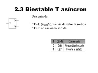 2.3 Biestable T asíncron
     Una entrada:

     • T=1: (toggle), canvia de valor la sortida
     • T=0: no canvia la sortida
 