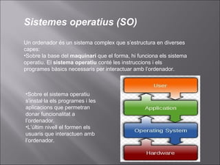 Sistemes operatius (SO) Un ordenador és un sistema complex que s’estructura en diverses capes: Sobre la base del  maquinari  que el forma, hi funciona els sistema operatiu. El  sistema operatiu  conté les instruccions i els programes bàsics necessaris per interactuar amb l’ordenador. Sobre el sistema operatiu s’instal·la els programes i les aplicacions que permetran donar funcionalitat a l’ordenador. L’últim nivell el formen els usuaris que interactuen amb l’ordenador. 