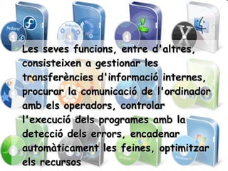 Les seves funcions, entre d'altres, consisteixen a gestionar les transferències d'informació internes, procurar la comunicació de l'ordinador amb els operadors, controlar l'execució dels programes amb la detecció dels errors, encadenar automàticament les feines, optimitzar els recursos 