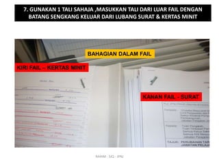 7. GUNAKAN 1 TALI SAHAJA ,MASUKKAN TALI DARI LUAR FAIL DENGAN
BATANG SENGKANG KELUAR DARI LUBANG SURAT & KERTAS MINIT

BAHAGIAN DALAM FAIL
KIRI FAIL – KERTAS MINIT

KANAN FAIL - SURAT

RAHIM - SJQ - JPNJ

 