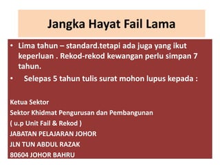 Jangka Hayat Fail Lama
• Lima tahun – standard.tetapi ada juga yang ikut
keperluan . Rekod-rekod kewangan perlu simpan 7
tahun.
• Selepas 5 tahun tulis surat mohon lupus kepada :
Ketua Sektor
Sektor Khidmat Pengurusan dan Pembangunan
( u.p Unit Fail & Rekod )
JABATAN PELAJARAN JOHOR
JLN TUN ABDUL RAZAK
80604 JOHOR BAHRU

 