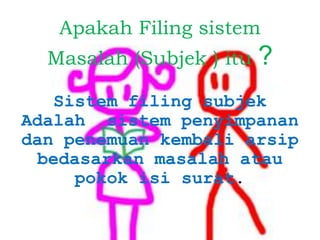 Apakah Filing sistem
Masalah (Subjek ) itu ?
Sistem filing subjek
Adalah sistem penyimpanan
dan penemuan kembali arsip
bedasarkan masalah atau
pokok isi surat.
 
