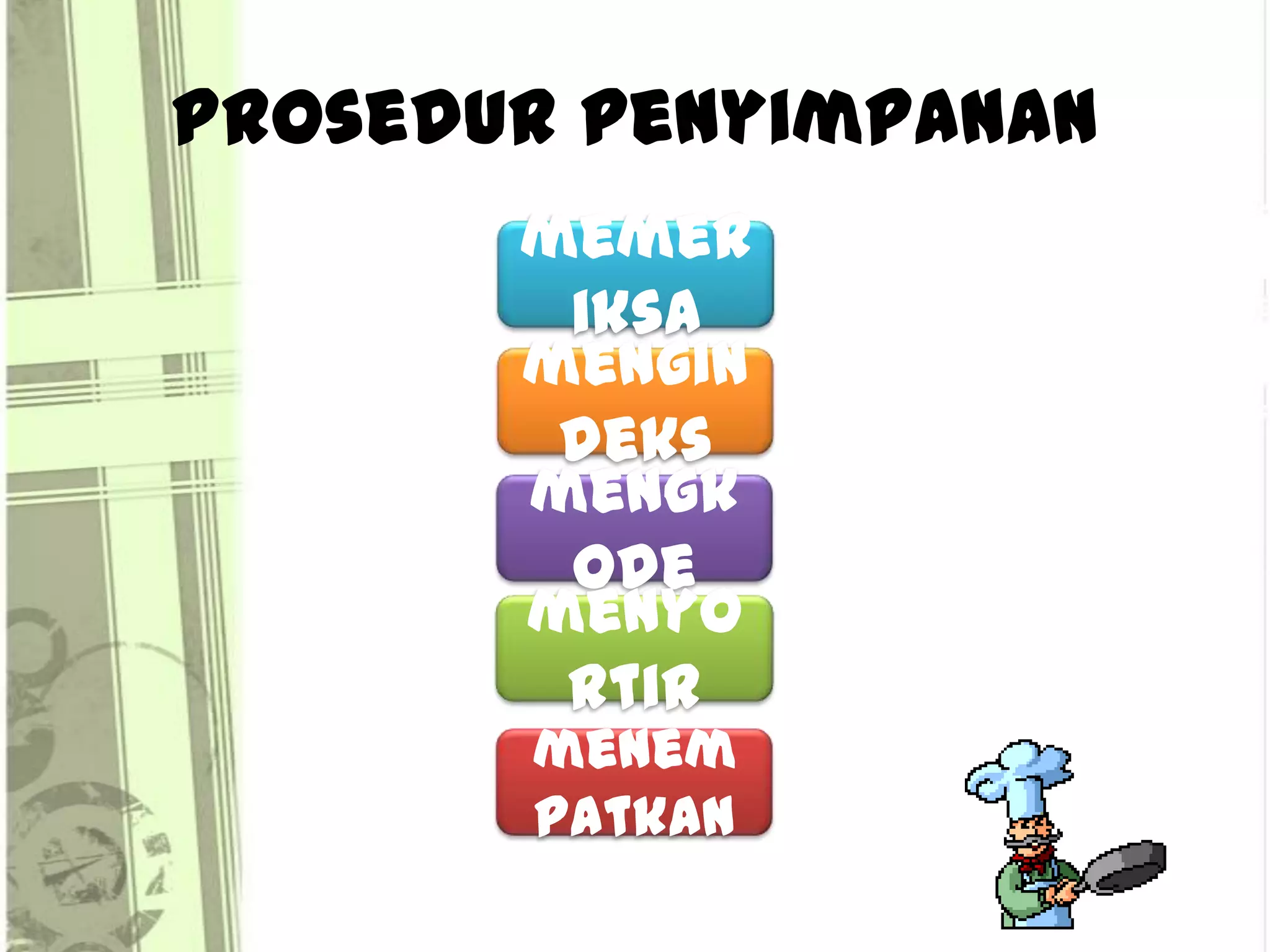 Prosedur penyimpanan
       memer
        iksa
       mengin
        deks
       mengk
        ode
       menyo
        rtir
       menem
       patkan
 