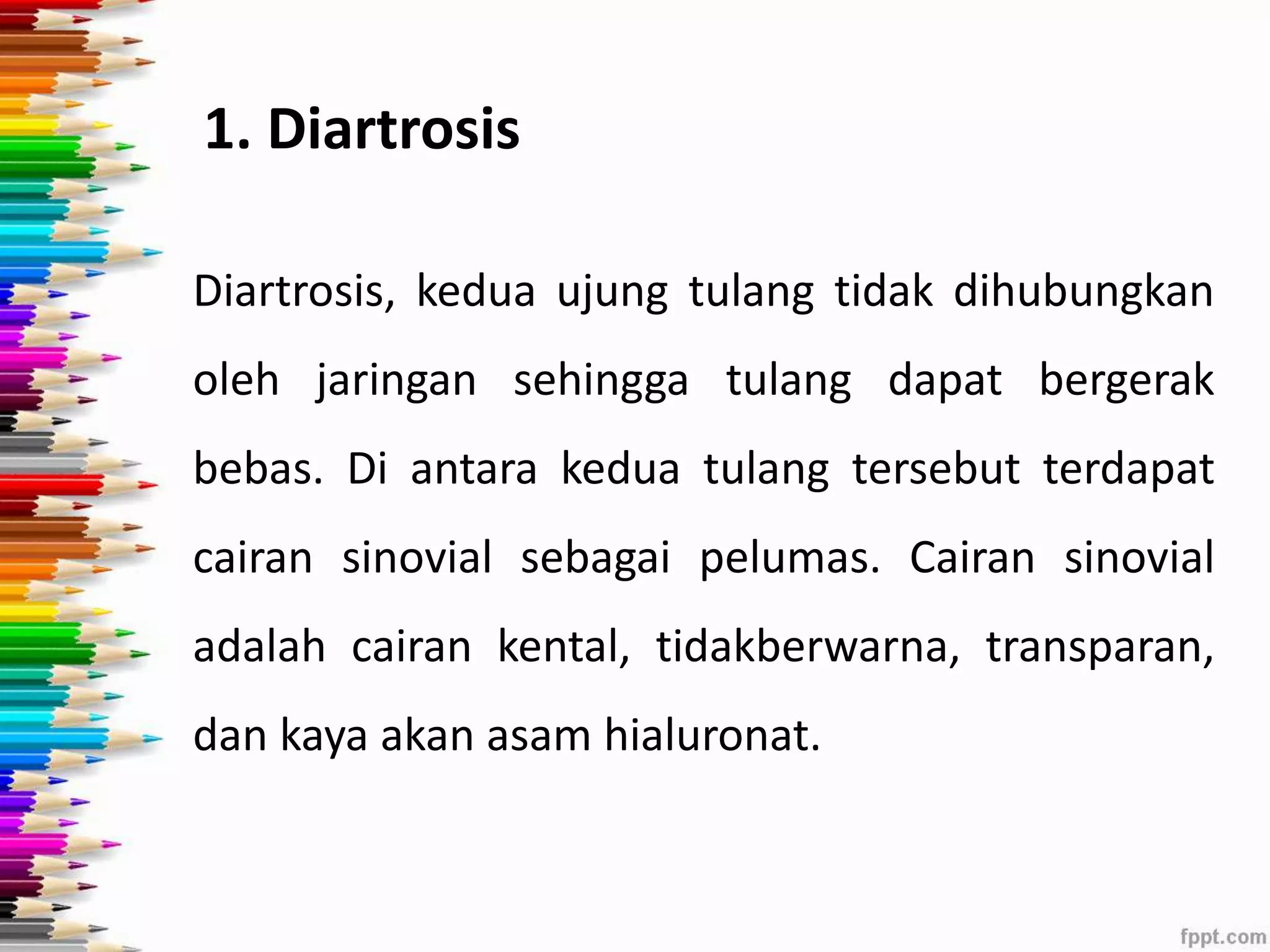 1. Diartrosis 
Diartrosis, kedua ujung tulang tidak dihubungkan 
oleh jaringan sehingga tulang dapat bergerak 
bebas. Di antara kedua tulang tersebut terdapat 
cairan sinovial sebagai pelumas. Cairan sinovial 
adalah cairan kental, tidakberwarna, transparan, 
dan kaya akan asam hialuronat. 
 