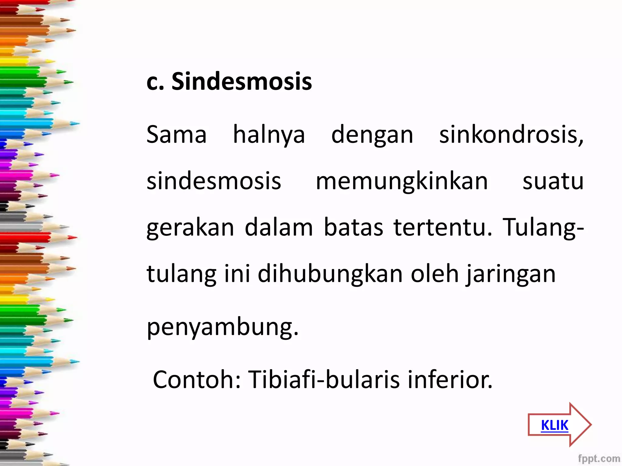 c. Sindesmosis 
Sama halnya dengan sinkondrosis, 
sindesmosis memungkinkan suatu 
gerakan dalam batas tertentu. Tulang-tulang 
ini dihubungkan oleh jaringan 
penyambung. 
Contoh: Tibiafi-bularis inferior. 
KLIK 
 