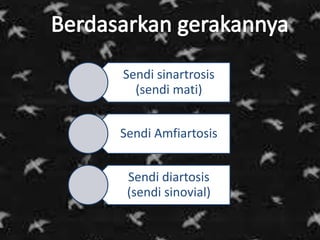 Sendi sinartrosis
(sendi mati)
Sendi Amfiartosis
Sendi diartosis
(sendi sinovial)
 