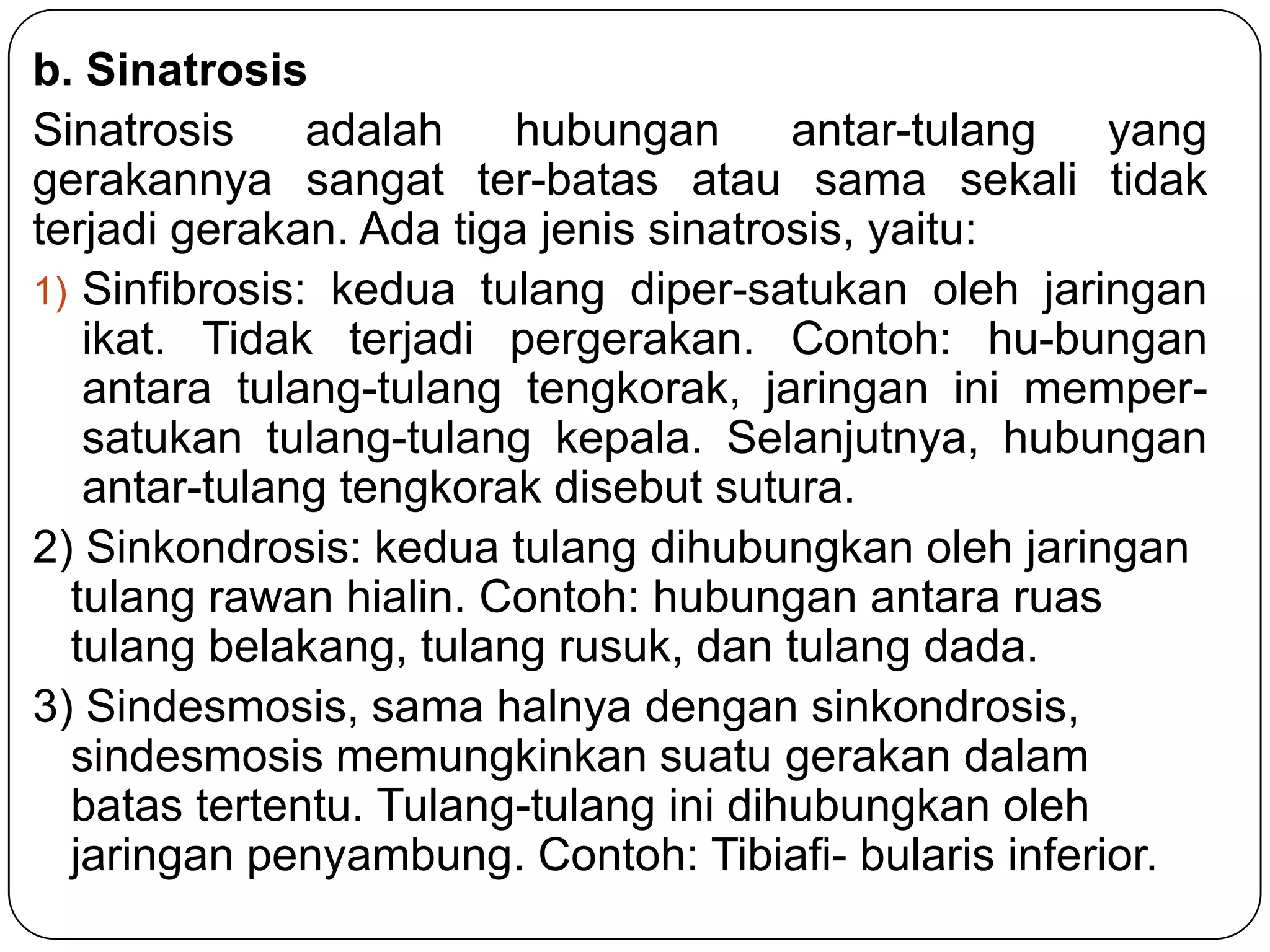 b. Sinatrosis
Sinatrosis adalah hubungan antar-tulang yang
gerakannya sangat ter-batas atau sama sekali tidak
terjadi gerakan. Ada tiga jenis sinatrosis, yaitu:
1) Sinfibrosis: kedua tulang diper-satukan oleh jaringan
ikat. Tidak terjadi pergerakan. Contoh: hu-bungan
antara tulang-tulang tengkorak, jaringan ini memper-
satukan tulang-tulang kepala. Selanjutnya, hubungan
antar-tulang tengkorak disebut sutura.
2) Sinkondrosis: kedua tulang dihubungkan oleh jaringan
tulang rawan hialin. Contoh: hubungan antara ruas
tulang belakang, tulang rusuk, dan tulang dada.
3) Sindesmosis, sama halnya dengan sinkondrosis,
sindesmosis memungkinkan suatu gerakan dalam
batas tertentu. Tulang-tulang ini dihubungkan oleh
jaringan penyambung. Contoh: Tibiafi- bularis inferior.
 