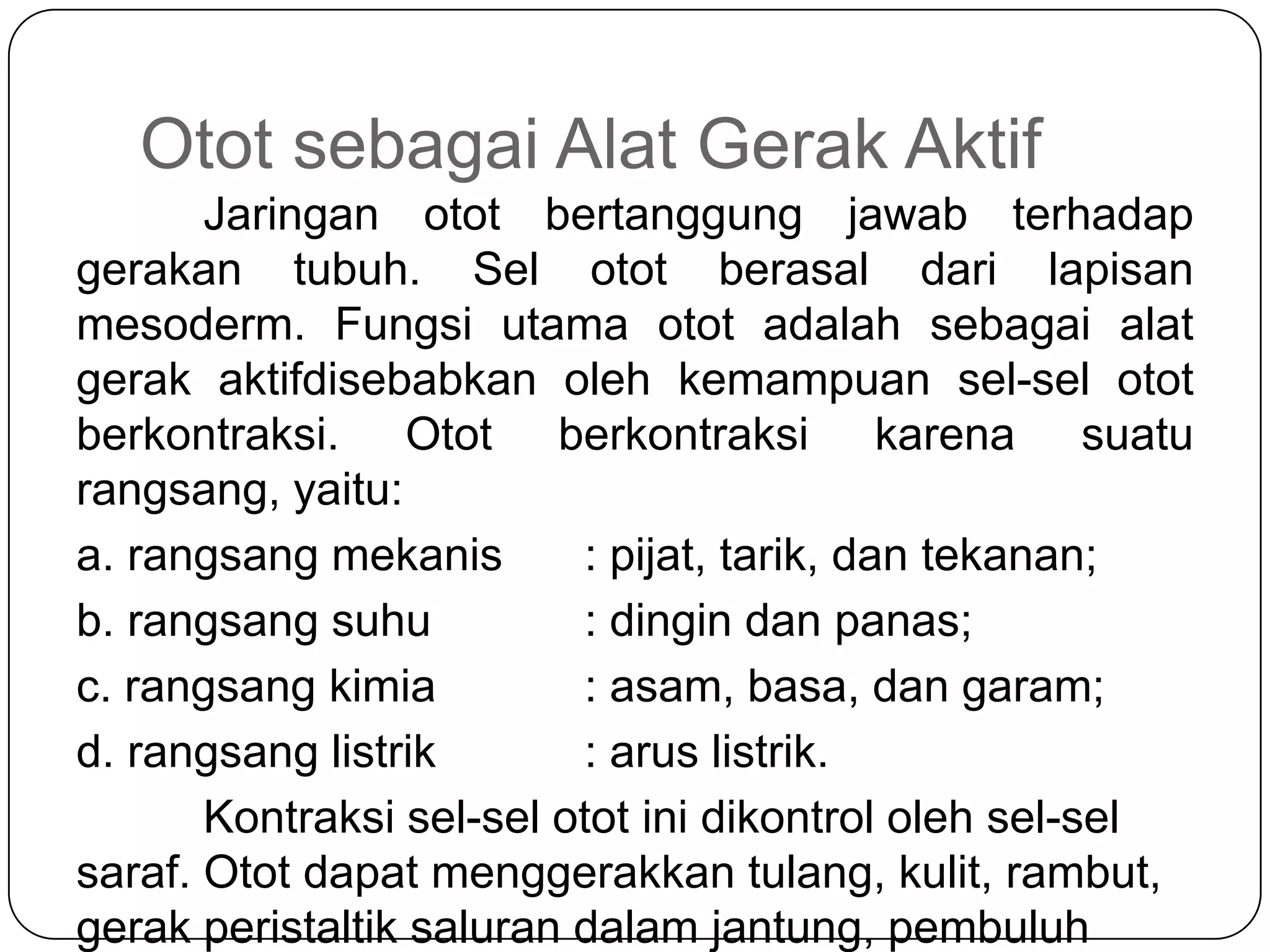 Otot sebagai Alat Gerak Aktif
Jaringan otot bertanggung jawab terhadap
gerakan tubuh. Sel otot berasal dari lapisan
mesoderm. Fungsi utama otot adalah sebagai alat
gerak aktifdisebabkan oleh kemampuan sel-sel otot
berkontraksi. Otot berkontraksi karena suatu
rangsang, yaitu:
a. rangsang mekanis : pijat, tarik, dan tekanan;
b. rangsang suhu : dingin dan panas;
c. rangsang kimia : asam, basa, dan garam;
d. rangsang listrik : arus listrik.
Kontraksi sel-sel otot ini dikontrol oleh sel-sel
saraf. Otot dapat menggerakkan tulang, kulit, rambut,
gerak peristaltik saluran dalam jantung, pembuluh
 