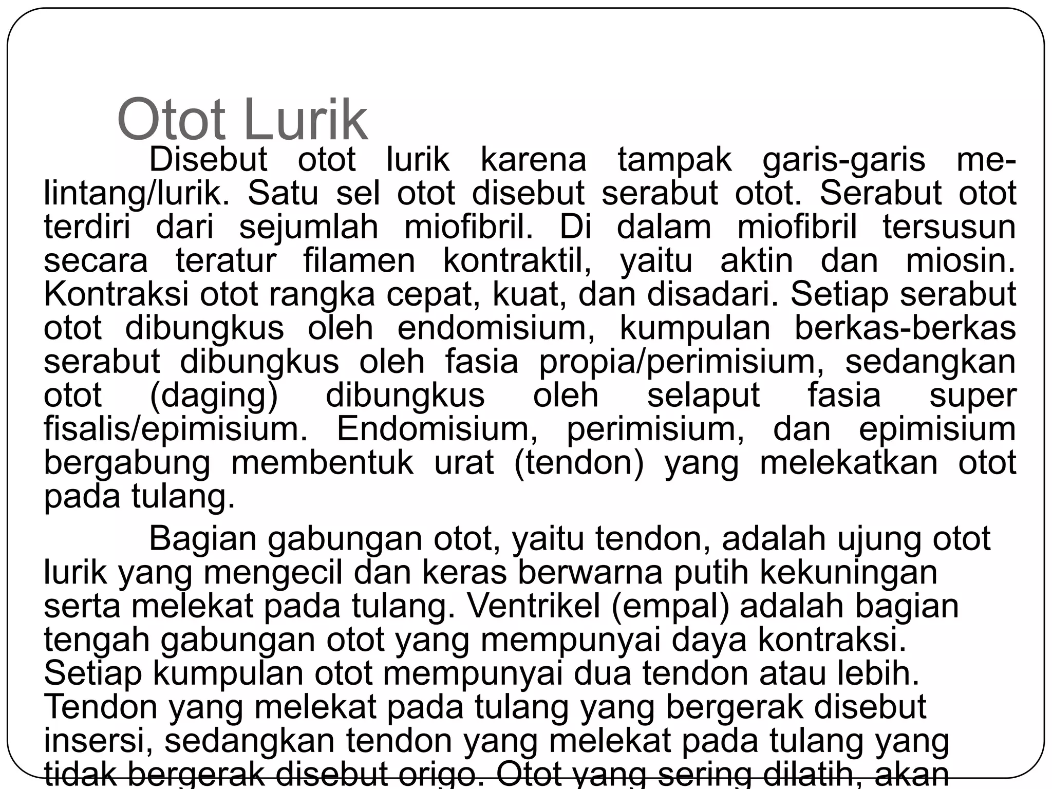 Otot Lurik
Disebut otot lurik karena tampak garis-garis me-
lintang/lurik. Satu sel otot disebut serabut otot. Serabut otot
terdiri dari sejumlah miofibril. Di dalam miofibril tersusun
secara teratur filamen kontraktil, yaitu aktin dan miosin.
Kontraksi otot rangka cepat, kuat, dan disadari. Setiap serabut
otot dibungkus oleh endomisium, kumpulan berkas-berkas
serabut dibungkus oleh fasia propia/perimisium, sedangkan
otot (daging) dibungkus oleh selaput fasia super
fisalis/epimisium. Endomisium, perimisium, dan epimisium
bergabung membentuk urat (tendon) yang melekatkan otot
pada tulang.
Bagian gabungan otot, yaitu tendon, adalah ujung otot
lurik yang mengecil dan keras berwarna putih kekuningan
serta melekat pada tulang. Ventrikel (empal) adalah bagian
tengah gabungan otot yang mempunyai daya kontraksi.
Setiap kumpulan otot mempunyai dua tendon atau lebih.
Tendon yang melekat pada tulang yang bergerak disebut
insersi, sedangkan tendon yang melekat pada tulang yang
tidak bergerak disebut origo. Otot yang sering dilatih, akan
 