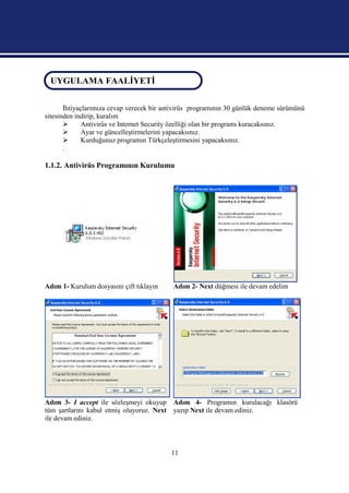 UYGULAMA FAALİYETİ
 UYGULAMA FAALİYETİ


       İhtiyaçlarımıza cevap verecek bir antivirüs programının 30 günlük deneme sürümünü
sitesinden indirip, kuralım
             Antivirüs ve Internet Security özelliği olan bir programı kuracaksınız.
             Ayar ve güncelleştirmelerini yapacaksınız.
             Kurduğunuz programın Türkçeleştirmesini yapacaksınız.
       .

1.1.2. Antivirüs Programının Kurulumu




Adım 1- Kurulum dosyasını çift tıklayın    Adım 2- Next düğmesi ile devam edelim




Adım 3- I accept ile sözleşmeyi okuyup Adım 4- Programın kurulacağı klasörü
tüm şartlarını kabul etmiş oluyoruz. Next yazıp Next ile devam ediniz.
ile devam ediniz.



                                          11
 