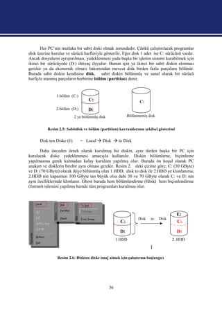 Her PC’nin mutlaka bir sabit diski olmak zorundadır. Çünkü çalıştırılacak programlar
disk üzerine kurulur ve sürücü harfleriyle gösterilir. Eğer disk 1 adet ise C: sürücüsü vardır.
Ancak dosyaların ayrıştırılması, yedeklenmesi yada başka bir işletim sistemi kurabilmek için
ikinci bir sürücüyede (D:) ihtiyaç duyulur. Bunun için ya ikinci bir sabit diskin alınması
gerekir ya da ekonomik olması bakımından mevcut disk birden fazla parçalara bölünür.
Burada sabit diskin kendisine disk, sabit diskin bölünmüş ve sanal olarak bir sürücü
harfiyle atanmış parçaların herbirine bölüm (partition) denir.


                1.bölüm (C:)
                                   C:                             C:
                2.bölüm (D:)       D:
                           2 ye bölünmüş disk               Bölünmemiş disk


          Resim 2.5: Sabitdisk ve bölüm (partition) kavramlarının şekilsel gösterimi

      Disk ten Diske (1)       = Local  Disk  to Disk

      Daha önceden örnek olarak kurulmuş bir diskin, aynı türden başka bir PC için
kurulacak diske yedeklenmesi amacıyla kullanılır. Diskin bölümleme, biçimleme
yapılmasına gerek kalmadan kolay kurulum yapılmış olur. Buruda ön koşul olarak PC
anakart ve disklerin birebir aynı olması gerekir. Resim 2. deki çizime göre; C: (30 GByte)
ve D: (70 GByte) olarak ikiye bölünmüş olan 1.HDD, disk to disk ile 2.HDD ye klonlanırsa,
2.HDD nin kapasitesi 100 GByte tan büyük olsa dahi 30 ve 70 GByte olarak C: ve D: nin
aynı özelliklerinde klonlanır. Ghost burada hem bölümlendirme (fdisk) hem biçimlendirme
(format) işlemini yapılmış hemde tüm programları kurulmuş olur.




                                                                                       E:
                                                                  Disk   to   Disk
                                                       C:                              C:

                                                       D:                              D:
                                                     1.HDD                           2. HDD

                                                                         1
                Resim 2.6: Diskten diske imaj almak için çalıştırma başlangıcı




                                                36
 