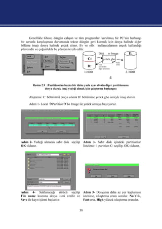 Genellikle Ghost, düzgün çalışan ve tüm programları kurulmuş bir PC’nin herhangi
bir sorunla karşılaşması durumunda tekrar düzgün geri kurmak için dosya halinde diğer
bölüme imajı dosya halinde yedek alınır. Ev ve ofis kullanıcılarının ençok kullandığı
yöntemdir ve çoğunlukla bu yöntem tercih edilir.
                                                            Disk       to Image        E:
                                                    C:           yedek.gho
                                                                             başka
                                                            yada             diske
                                                    D:      aynı diskin
                                                            diğer bölümüne

                                                  1.HDD                              2. HDD

                                                                         4
         Resim 2.9 :Partitiondan başka bir diske yada aynı diskin diger partitionuna
                  dosya olarak imaj yedeği almak için çalıştırma başlangıcı

      Alıştırma: C: bölümünü dosya olarak D: bölümüne yedek.gho ismiyle imaj alalım.

      Adım 1- Local PartitionTo Image ile yedek almaya başlıyoruz.




Adım 2- Yedeği alınacak sabit disk seçilip Adım 3- Sabit disk içindeki partitionlar
OK tıklanır.                               listelenir. 1.partition C: seçilip. OK tıklanır.




Adım 4- Saklanacağı sürücü seçilip Adım 5- Dosyanın daha az yer kaplaması
File name kısmına dosya ismi verilir ve istenirse, sıkıştırma oranı sorulur. No:Yok,
Save ile kayıt işlemi başlatılır.       Fast:orta, High:yüksek sıkıştırma oranıdır.


                                             38
 