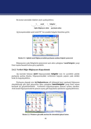 Bu komut satırındaki ifadeleri şöyle açıklayabiliriz;

                                      aeml           belgeler

                              Ağda bilgisayar adını      paylaşım adını

      Ağ komşularındaki aeml isimli PC”nin içindeki belgeler klasörüne girilir.




         Resim 2.1: Ağdaki aeml bilgisayarındaki paylaşıma açılmış belgeler penceresi


       Bilgisayarım yada Belgelerim penceresini açık adres çubuğuna aemlbelgeler yazıp
Enter tuşuna basarak hızlıca giriş yapılabilir.

2.4.2. Verileri Diğer Bilgisayara Kopyalamak

       Ağ üzerinde bulunan aeml bilgisayarındaki belgeler isim ile yazılabilir şekilde
paylaşıma açılmış klasöre, bilgisayarımızdaki verilerimizi kopyala yapıştır yada sürükle
bırak ile kopyalayabiliriz.

       Paylaşıma ulaşmak için Ağ Bağlantılarım çift tıklanarak kayıt yapılacak bilgisayara
ulaşılabileceği gibi ilgili pencerenin adres çubuğuna aemlbelgeler yazıp Enter tuşuna
basılarak da gerçekleştirilebilir . Verilerinizi kopyalayacağınız pencere açılmış olacaktır.
Artık kendi bilgisayarınızda bir pencere açmış gibi kopyalama işlemlerini uygulayabilirsiniz.




              Resim 2.2: Windows güvenlik merkezi ile sisteminizi güncel tutun

                                               46
 