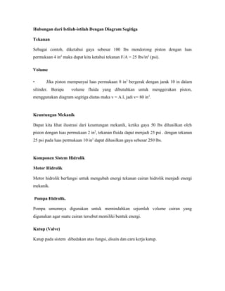 Hubungan dari Istilah-istilah Dengan Diagram Segitiga
Tekanan
Sebagai contoh, diketahui gaya sebesar 100 lbs mendorong piston dengan luas
permukaan 4 in2 maka dapat kita ketahui tekanan F/A = 25 lbs/in2 (psi).
Volume
•

Jika piston mempunyai luas permukaan 8 in2 bergerak dengan jarak 10 in dalam

silinder. Berapa

volume fluida yang dibutuhkan untuk menggerakan piston,

menggunakan diagram segitiga diatas maka v = A.l, jadi v= 80 in3.

Keuntungan Mekanik
Dapat kita lihat ilustrasi dari keuntungan mekanik, ketika gaya 50 lbs dihasilkan oleh
piston dengan luas permukaan 2 in2, tekanan fluida dapat menjadi 25 psi . dengan tekanan
25 psi pada luas permukaan 10 in2 dapat dihasilkan gaya sebesar 250 lbs.

Komponen Sistem Hidrolik
Motor Hidrolik
Motor hidrolik berfungsi untuk mengubah energi tekanan cairan hidrolik menjadi energi
mekanik.
Pompa Hidrolik.
Pompa umumnya digunakan untuk memindahkan sejumlah volume cairan yang
digunakan agar suatu cairan tersebut memiliki bentuk energi.
Katup (Valve)
Katup pada sistem dibedakan atas fungsi, disain dan cara kerja katup.

 