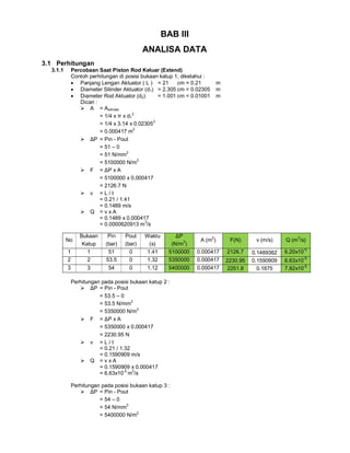 BAB III
ANALISA DATA
3.1 Perhitungan
3.1.1 Percobaan Saat Piston Rod Keluar (Extend)
Contoh perhitungan di posisi bukaan katup 1, diketahui :
 Panjang Lengan Aktuator ( L ) = 21 cm = 0.21 m
 Diameter Silinder Aktuator (d1) = 2.305 cm = 0.02305 m
 Diameter Rod Aktuator (d2) = 1.001 cm = 0.01001 m
Dicari :
 A = Asilinder
= 1/4 x π x d1
2
= 1/4 x 3.14 x 0.02305
2
= 0.000417 m
2
 ΔP = Pin - Pout
= 51 – 0
= 51 N/mm2
= 5100000 N/m
2
 F = ΔP x A
= 5100000 x 0.000417
= 2126.7 N
 v = L / t
= 0.21 / 1.41
= 0.1489 m/s
 Q = v x A
= 0.1489 x 0.000417
= 0.0000620913 m
3
/s
No
Bukaan
Katup
Pin
(bar)
Pout
(bar)
Waktu
(s)
ΔP
(N/m
2
)
A (m
2
) F(N) v (m/s) Q (m
3
/s)
1 1 51 0 1.41 5100000 0.000417 2126.7 0.1489362 6.20x10
-5
2 2 53.5 0 1.32 5350000 0.000417 2230.95 0.1590909 6.63x10
-5
3 3 54 0 1.12 5400000 0.000417 2251.8 0.1875 7.82x10-5
Perhitungan pada posisi bukaan katup 2 :
 ΔP = Pin - Pout
= 53.5 – 0
= 53.5 N/mm
2
= 5350000 N/m2
 F = ΔP x A
= 5350000 x 0.000417
= 2230.95 N
 v = L / t
= 0.21 / 1.32
= 0.1590909 m/s
 Q = v x A
= 0.1590909 x 0.000417
= 6.63x10
-5
m
3
/s
Perhitungan pada posisi bukaan katup 3 :
 ΔP = Pin - Pout
= 54 – 0
= 54 N/mm
2
= 5400000 N/m2
 