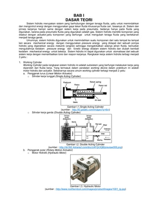 BAB I
DASAR TEORI
Sistem hidrolis merupakan sistem yang berhubungan dengan tenaga fluida, yaitu untuk memindahkan
dan mengontrol energi dengan menggunakan gaya tekan fluida khususnya fluida cair, biasanya oli. Sistem dan
prinsip kerjanya hampir sama dengan sistem kerja pada pneumatis, bedanya hanya pada fluida yang
digunakan, karena pada pneumatis fluida yang digunakan adalah gas. Sistem hidrolis memiliki komponen yang
disebut dengan actuator,yaitu komponen yang berfungsi untuk mengubah tenaga fluida yang bertekanan
menjadi tenaga gerak.
Umumnya, sistem hidrolis digunakan untuk memindahkan suatu komponen dari satu tempat ke tempat
lain secara mechanical energy dengan menggunakan pressure energy yang didapat dari sebuah pompa
hidrolis yang digerakkan secara mekanik (engine) sehingga mengakibatkan adanya aliran fluida, kemudian
mengubahnya kedalam pressure energy dan kinetic energy didalam sistem hidrolis dan diubah kembali
kedalam mechanical energy untuk bekerja. Sistem hidrolis ini dapat digunakan untuk otomatisasi dari sebuah
sistem kerja dengan memanfaatkan torsi dan respon kerjanya. Rangkaian kerja sistem hidrolis terbagi menjadi
3 yaitu :
1. Working Cylinder
Working Cylinder pada rangkaian sistem hidrolis ini adalah subsistem yang berfungsi melakukan kerja yang
diperoleh dari fluida kerja. Yang termasuk dalam peralatan working device dalam praktikum ini adalah
motor hidrolis dan actuator. Sebenarnya secara umum working cylinder terbagi menjadi 2 yaitu:
a. Penggerak lurus (Linear Motion Actuator)
o Silinder kerja tunggal (Single Acting Cylinder)
Gambar I.1.Single Acting Cylinder
(sumber : http://t0.gstatic.com/images?q=tbn)
o Silinder kerja ganda (Double Acting Cylinder)
Gambar I.2. Double Acting Cylinder
(sumber : http://dc392.4shared.com/doc/cAFQr3QB/preview008.png)
b. Penggerak putar (Rotary Motion Actuator)
o Motor Hidrolik (Hydraulic Motor)
Gambar I.3. Hydraulic Motor
(sumber : http://www.northerntool.com/images/product/images/1001_lg.jpg)
 