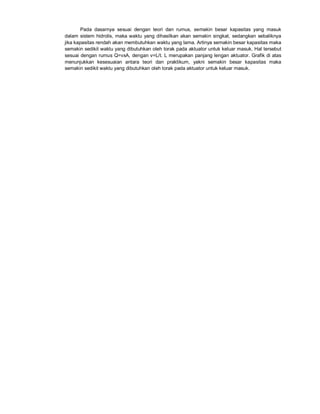 Pada dasarnya sesuai dengan teori dan rumus, semakin besar kapasitas yang masuk
dalam sistem hidrolis, maka waktu yang dihasilkan akan semakin singkat, sedangkan sebaliknya
jika kapasitas rendah akan membutuhkan waktu yang lama. Artinya semakin besar kapasitas maka
semakin sedikit waktu yang dibutuhkan oleh torak pada aktuator untuk keluar masuk. Hal tersebut
sesuai dengan rumus Q=vxA, dengan v=L/t. L merupakan panjang lengan aktuator. Grafik di atas
menunjukkan kesesuaian antara teori dan praktikum, yakni semakin besar kapasitas maka
semakin sedikit waktu yang dibutuhkan oleh torak pada aktuator untuk keluar masuk.
 