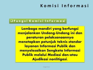 anggraiayu
K o m i s i I n f o r m a s i
 F u n g s i K o m i s i I n f o r m a si
Lembaga mandiri yang berfungsi
menjalankan Undang-Undang ini dan
peraturan pelaksanaannya
menetapkan petunjuk teknis standar
layanan Informasi Publik dan
menyelesaikan Sengketa Informasi
Publik melalui Mediasi dan/atau
Ajudikasi nonlitigasi.
 