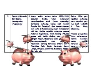 3 Serbia di Kroasia
dan Bosnia
Herzegovina
(Yugoslavia)
 Kurun waktu antara tahun 1992-1995,
pasukan Serbia telah melakukan
pemmbersihan etnik (etnic cleansing)
terutama terhadap warga sipil muslim
Bosnia (di Sarajevo) dan daerah-daerah
lain serta di Kroasia yang ingin melepaskan
diri dari Serbia setelah bubarnya negara
federasi Yugoslavia. Tidak kurang 700.000
warga sipil telah disiksa dan dibunuh
dengan kejam. Beberapa nama yang harus
bertanggungjawab atas perbuatan
kejahatan perang tersebut antara lain :
Stanislav Galic, Gojko Jankovic, Janco
Janjic, Dragon Zelenovic, Karadzic, Mladic,
dan lain-lain.
Tahun 1994 pe-
ngadilan terhadap
para penjahat pe-
rag telah terbukti
di Den Haag
(Belanda).
Proses pengadilan
terus berlangsung,
namun hasilnya
belum sesuai
harapan. Banyak
yang masih gagal
ditangkap.
 
