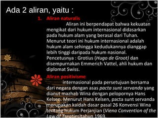 Ada 2 aliran, yaitu :
1. Aliran naturalis : bersandar pada hak asasi/hak
alamiah. Aliran ini berpendapat bahwa kekuatan
mengikat dari hukum internasional didasarkan
pada hukum alam yang berasal dari Tuhan.
Menurut teori ini hukum internasional adalah
hukum alam sehingga kedudukannya dianggap
lebih tinggi daripada hukum nasional.
Pencetusnya : Grotius (Hugo de Groot) dan
disempurnakan Emmerich Vattel, ahli hukum dan
diplomat Swiss.
2. Aliran positivisme : mendasarkan berlakunya
hukum internasional pada persetujuan bersama
dari negara dengan asas pacta sunt servanda yang
dianut mazhab Wina dengan pelopornya Hans
Kelsen. Menurut Hans Kelsen, pacta sunt servanda
merupakan kaidah dasar pasal 26 Konvensi Wina
tentang hukum Perjanjian (Viena Convention of the
Law of Treaties)tahun 1969.
 