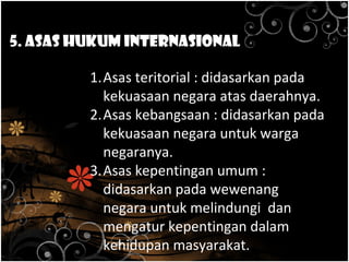 5. Asas Hukum Internasional
1.Asas teritorial : didasarkan pada
kekuasaan negara atas daerahnya.
2.Asas kebangsaan : didasarkan pada
kekuasaan negara untuk warga
negaranya.
3.Asas kepentingan umum :
didasarkan pada wewenang
negara untuk melindungi dan
mengatur kepentingan dalam
kehidupan masyarakat.
 
