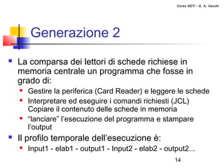 Corso SETI - E. A. Vecchi




        Generazione 2
   La comparsa dei lettori di schede richiese in
    memoria centrale un programma che fosse in
    grado di:
       Gestire la periferica (Card Reader) e leggere le schede
       Interpretare ed eseguire i comandi richiesti (JCL)
        Copiare il contenuto delle schede in memoria
       “lanciare” l’esecuzione del programma e stampare
        l’output
   Il profilo temporale dell’esecuzione è:
       Input1 - elab1 - output1 - Input2 - elab2 - output2...
                                                       14
 