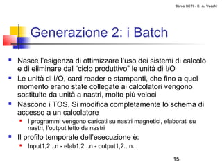 Corso SETI - E. A. Vecchi




         Generazione 2: i Batch
   Nasce l’esigenza di ottimizzare l’uso dei sistemi di calcolo
    e di eliminare dal “ciclo produttivo” le unità di I/O
   Le unità di I/O, card reader e stampanti, che fino a quel
    momento erano state collegate ai calcolatori vengono
    sostituite da unità a nastri, molto più veloci
   Nascono i TOS. Si modifica completamente lo schema di
    accesso a un calcolatore
       I programmi vengono caricati su nastri magnetici, elaborati su
        nastri, l’output letto da nastri
   Il profilo temporale dell’esecuzione è:
       Input1,2...n - elab1,2...n - output1,2...n...

                                                             15
 